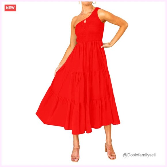 Dresses & Skirts - One Shoulder Floral Midi Dress Smocked Bust Open Back Boho Beach